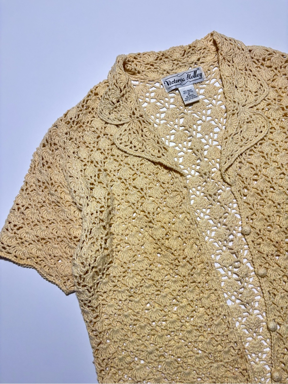 Victoria Holley Butter Yellow Cottage Core Cotton & Ramie Crochet Cardigan